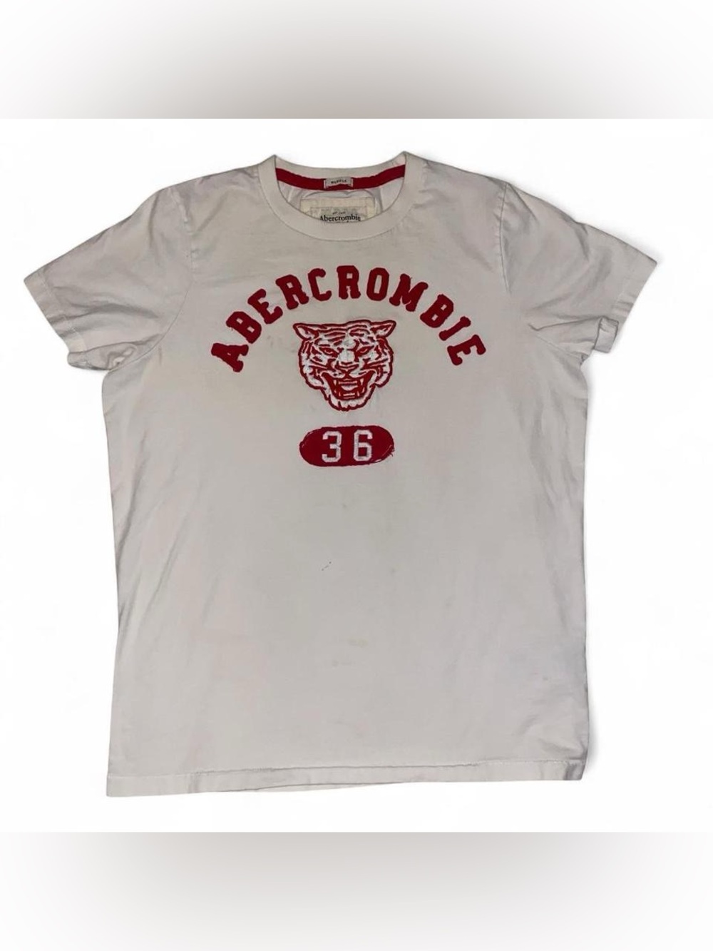 Abercrombie & Fitch White Tee with Embroidered Red Tiger Graphic